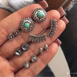 🔅🆕🔅 BoHo 6 Pairs Flower Leaf Design With Turquoise Decor Stud Earrings✨